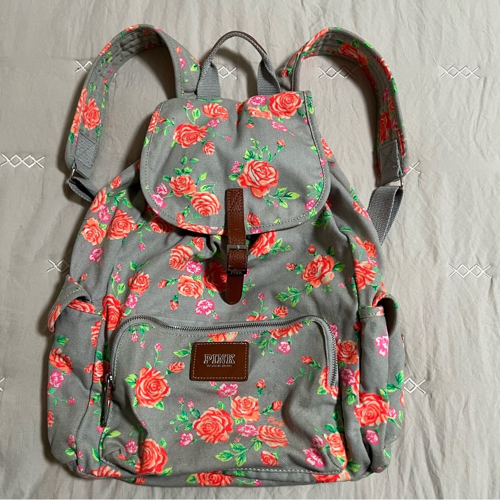 PINK Victoria's Secret Gray and Orange Floral Backpack